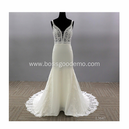 Sexy Mermaid Crepe Lace Spaghetti Strap Bridal Gown robe de mariage wedding dress supplier